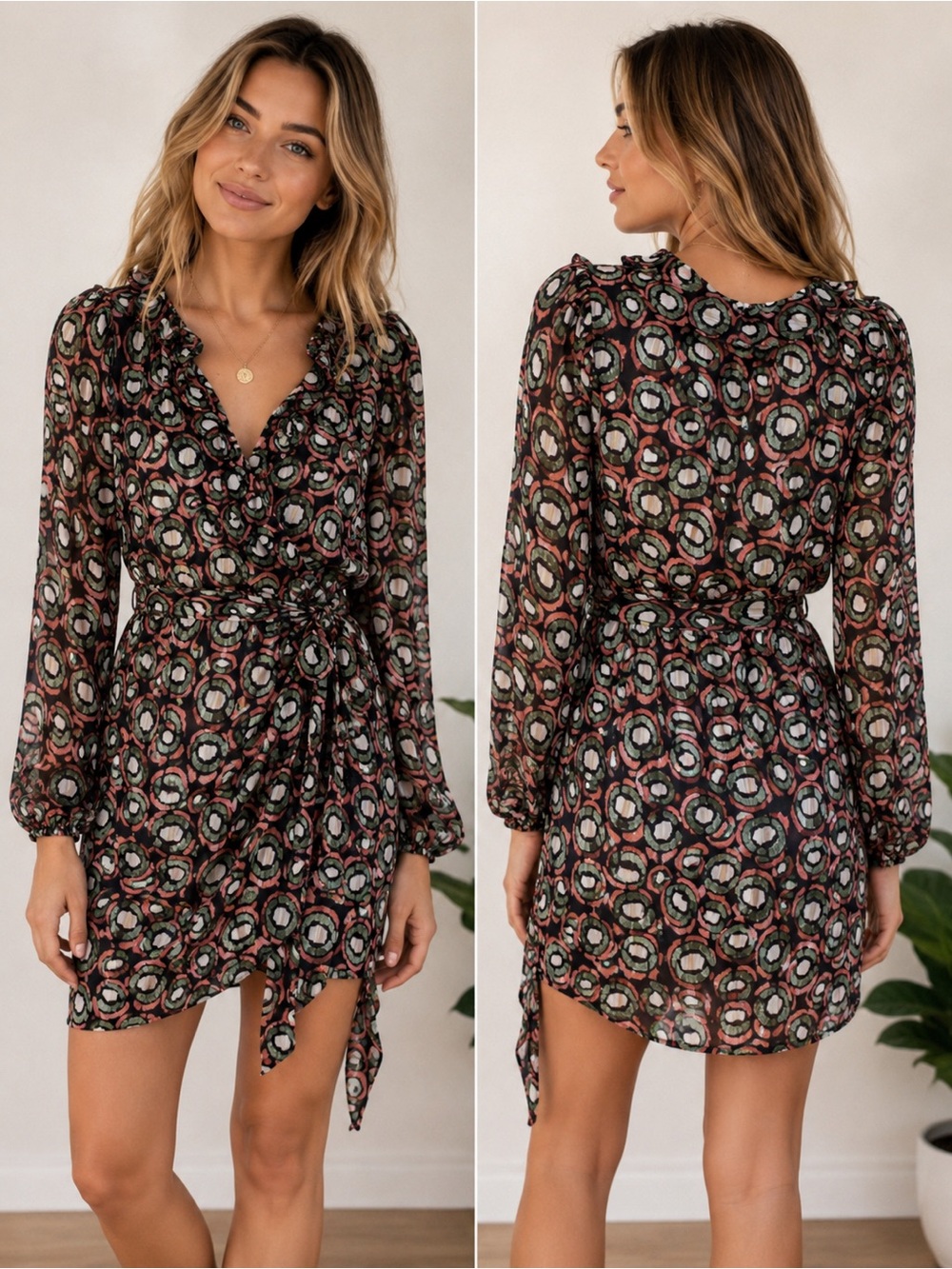 Lenny B Paris Womens Printed Long-Sleeve Wrap Mini Dress Tie Waist Black Multi